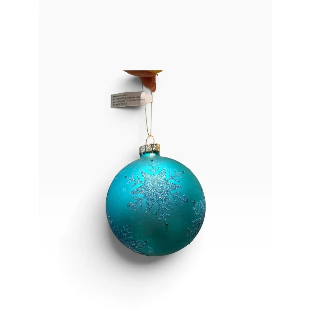 New $35 Turquoise Bauble glass Christmas ornament ball with glitter snowflake